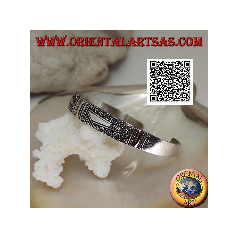 Bracelet en argent avec 3 plaques en or 14 carats et décor ethnique et 2 trapèzes lisses