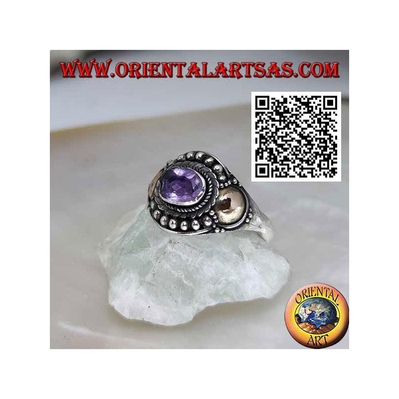 Bague en argent avec améthyste ovale, boules et feuilles de disque d'or