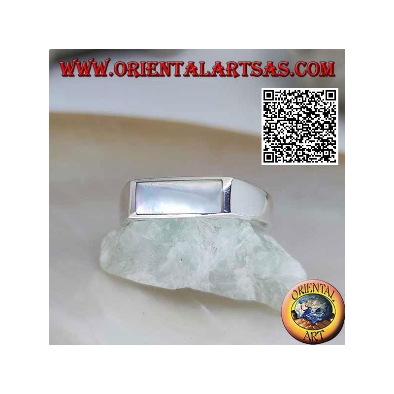 Silver ring with horizontal rectangular mother of pearl close to the edge on a smooth setting