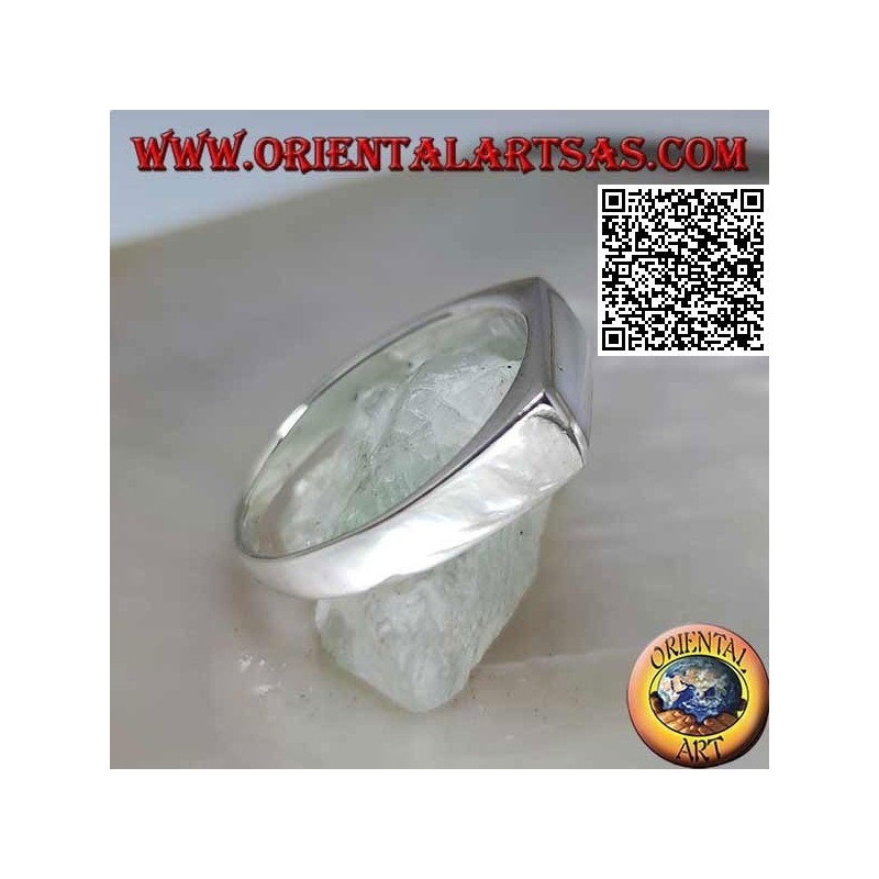 Silver ring with horizontal rectangular mother of pearl close to the edge on a smooth setting