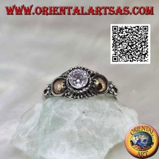 Ethnic silver ring with round zircon and gold discs