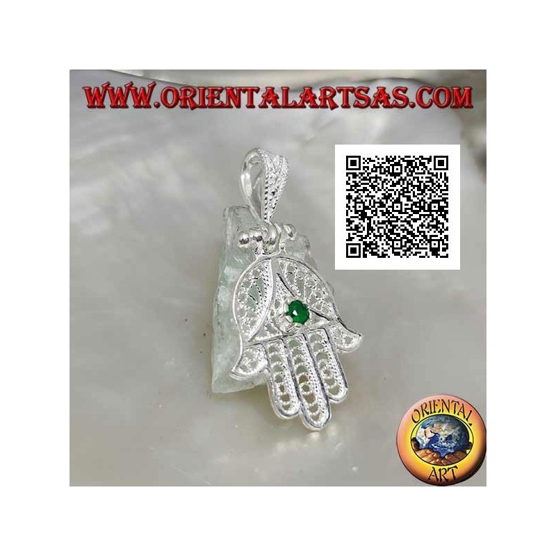 Pendentif Main de Fatima en argent à décor ethnique perforé et parure zirconium couleur émeraude
