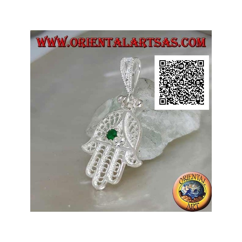 Pendentif Main de Fatima en argent à décor ethnique perforé et parure zirconium couleur émeraude