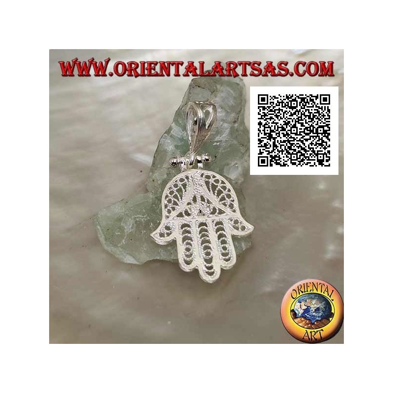 Hand of Fatima silver pendant with perforated ethnic decoration and emerald-colored zircon set