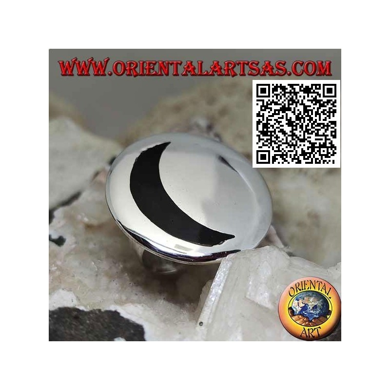 Anello in argento con luna vuota in onice su grande piastra tonda liscia