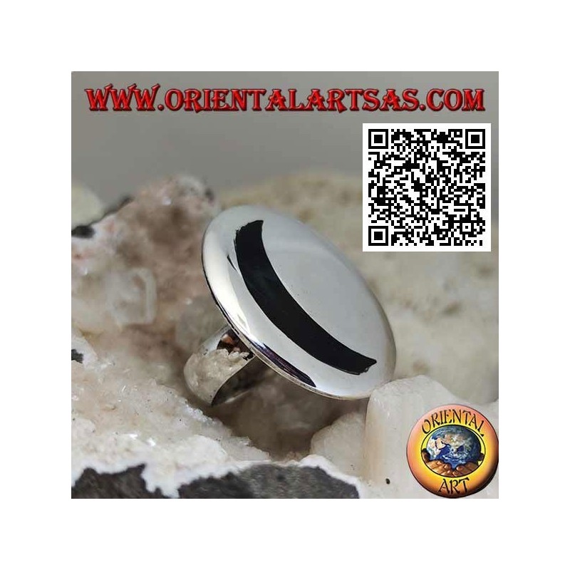 Silver ring with hollow onyx moon on a large smooth round plate