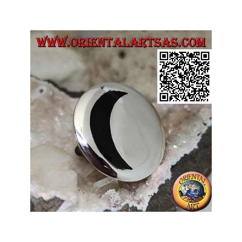 Silver ring with hollow onyx moon on a large smooth round plate