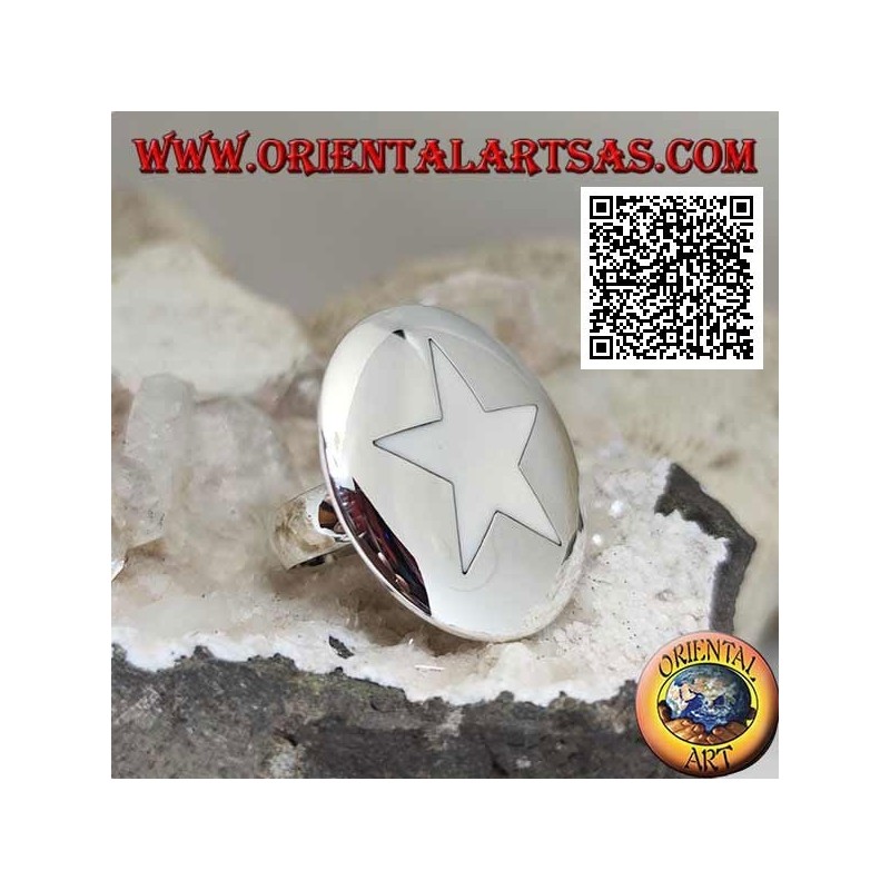 Silver ring with mother of pearl star on large smooth round plate