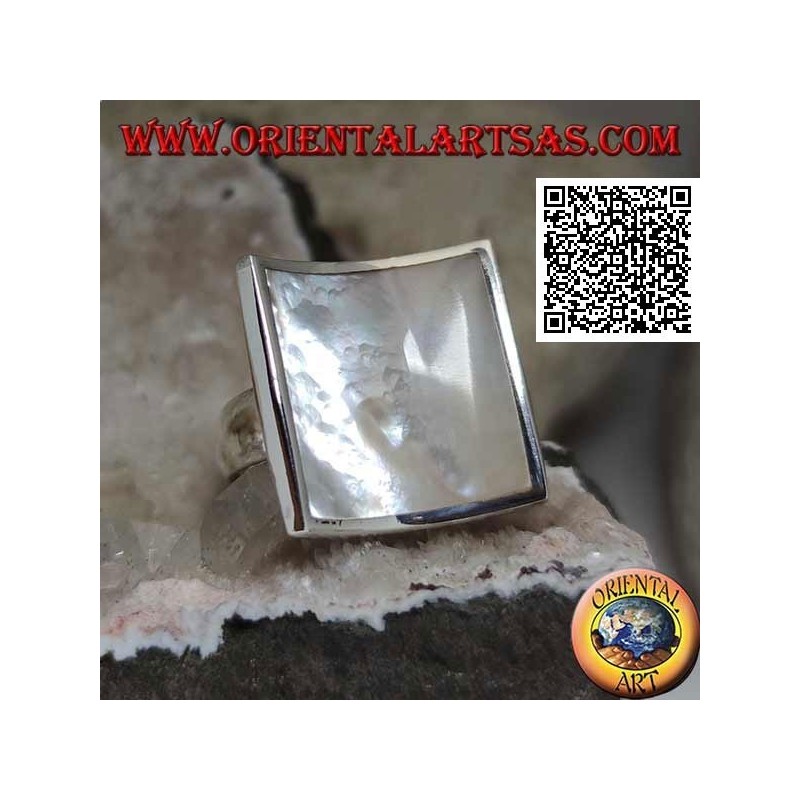 Concave square silver ring with mother-of-pearl set flush with the edge