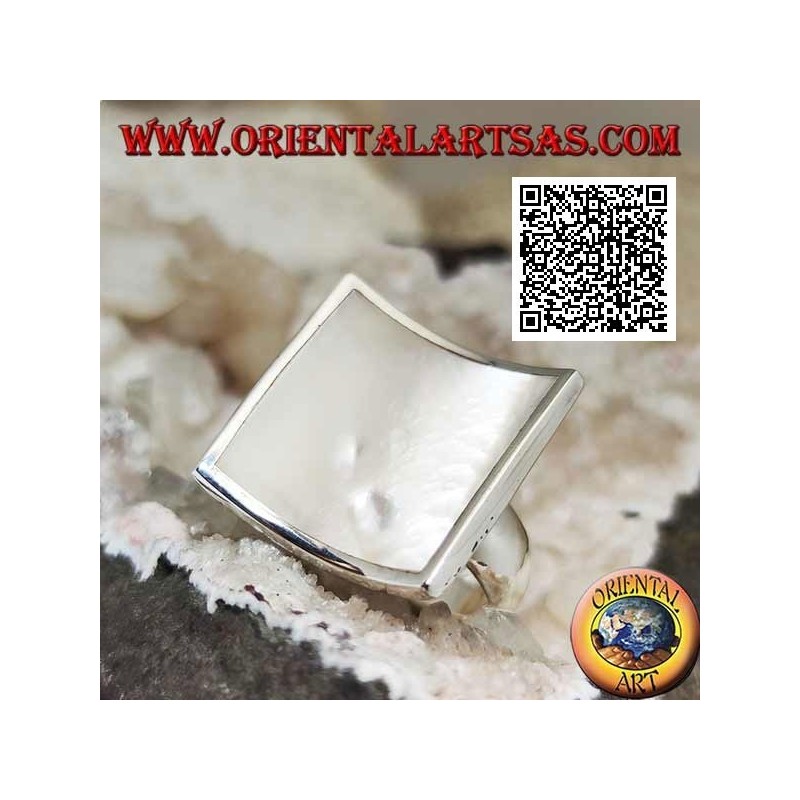 Concave square silver ring with mother-of-pearl set flush with the edge