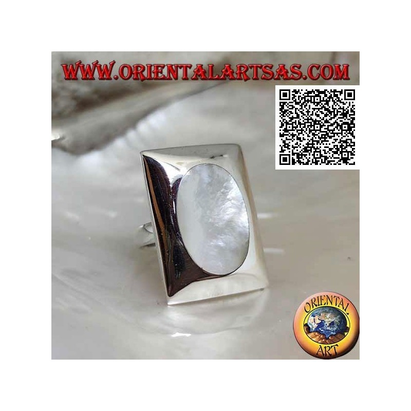 Silver ring with oval mother of pearl flush on a smooth rectangular plate