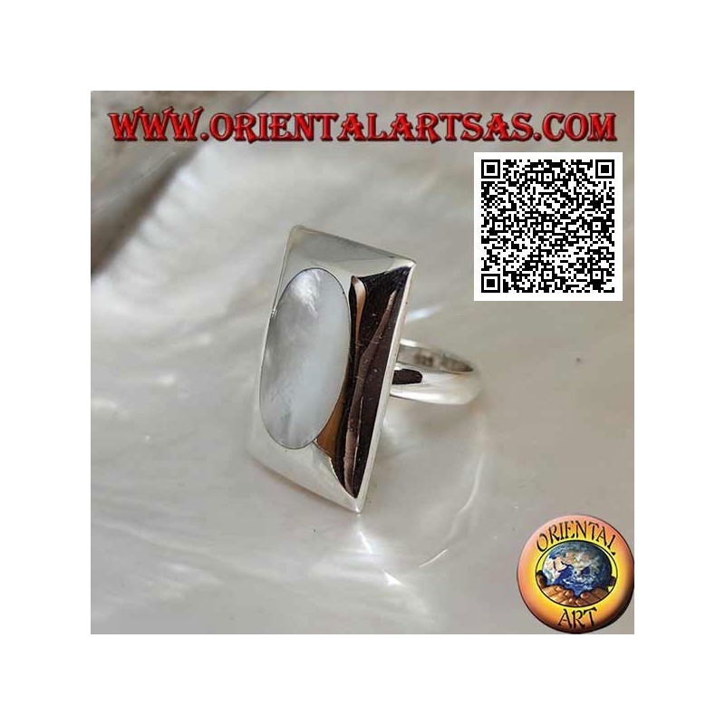 Silver ring with oval mother of pearl flush on a smooth rectangular plate
