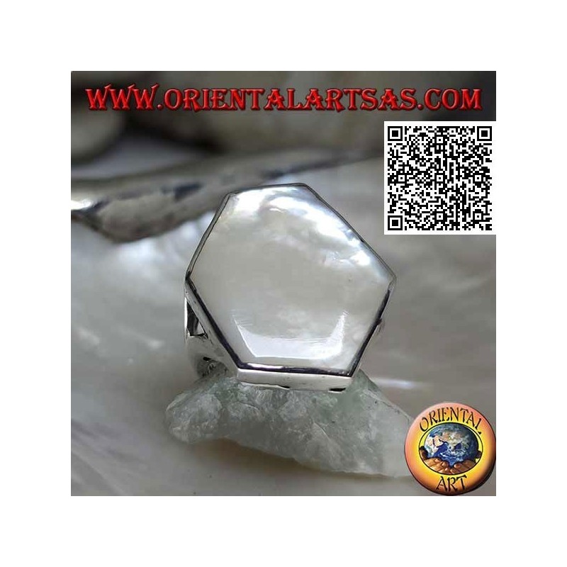 Silver ring with irregular hexagonal mother-of-pearl set on a smooth edge