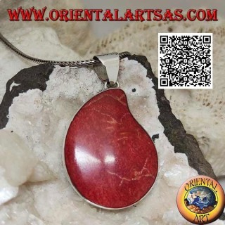Pendentif en argent avec corail rouge (corail) avec goutte courbe sur monture lisse