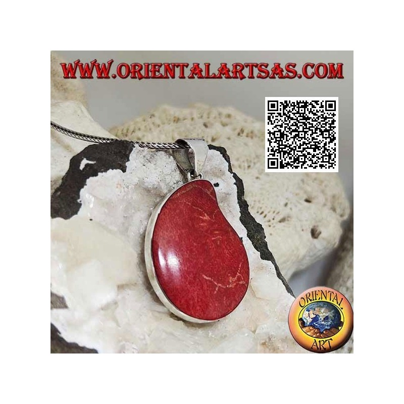 Silver pendant with red coral (coral) with curved drop on smooth setting