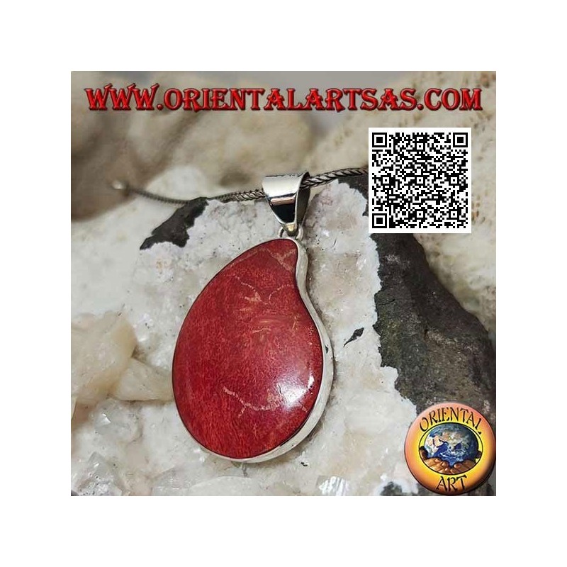 Ciondolo in argento con madrepora rossa (corallo) a goccia curva su montatura liscia