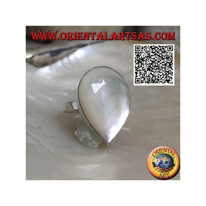 Silver ring with pear-shaped mother-of-pearl set in smooth edge