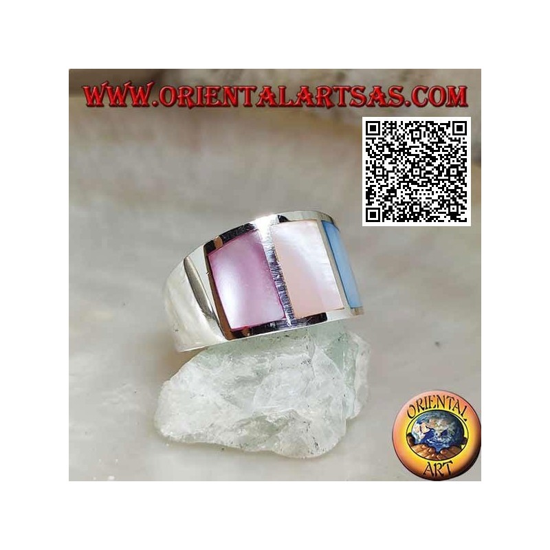 Anillo de plata con banda lisa con tres nácar multicolor engastados al ras (1)