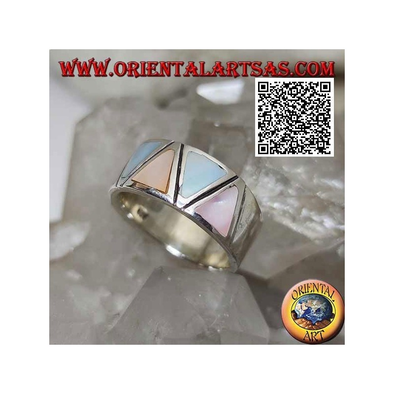 Anello in argento fascia liscia con madreperle multicolor triangolari incastonate a filo