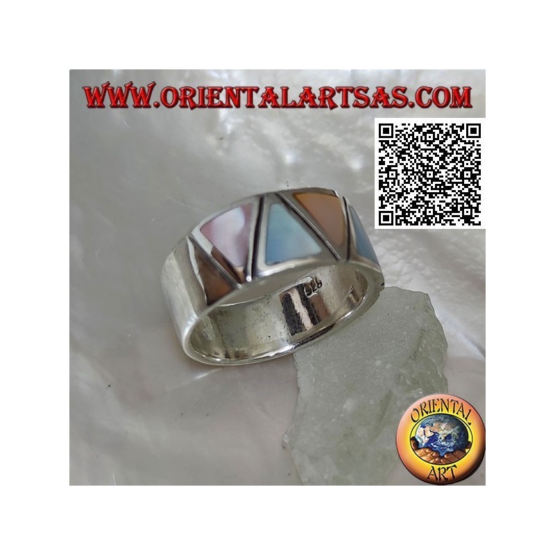 Glattes Silberringband mit dreieckigem mehrfarbigem Perlmutt, bündig eingestellt