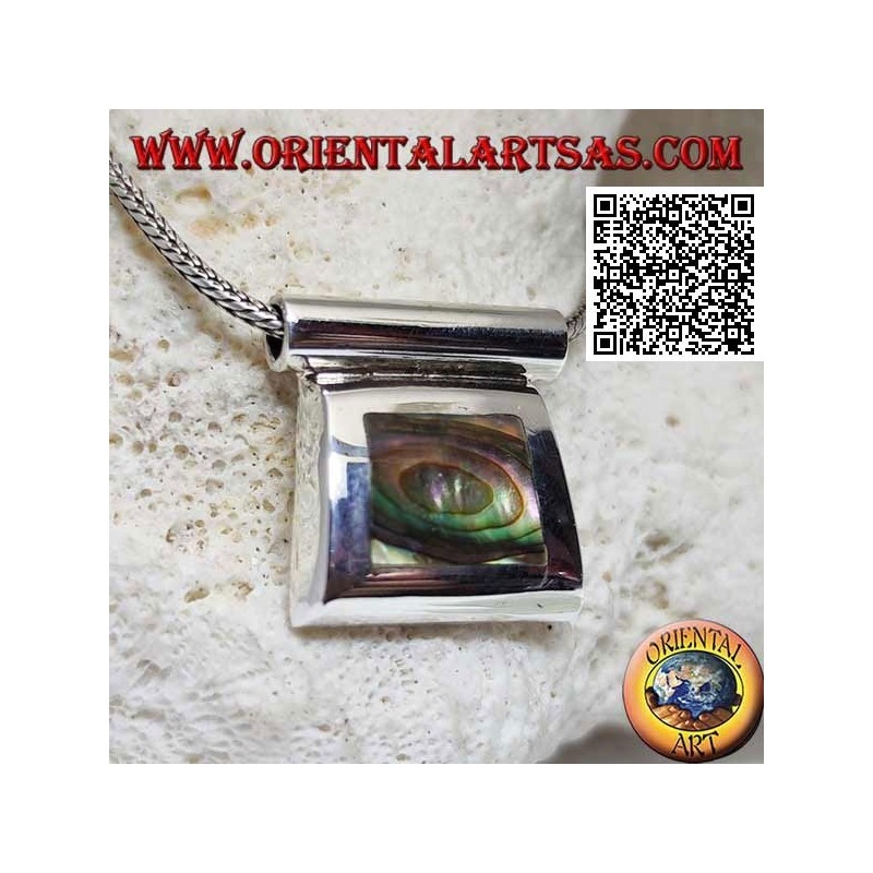 Ciondolo in argento con paua shell (abalone) su montatura liscia a filo e gancio tubolare