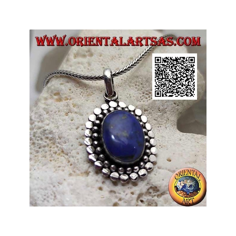 Silberanhänger mit ovalem Lapislazuli, umgeben von Kugeln und Scheiben