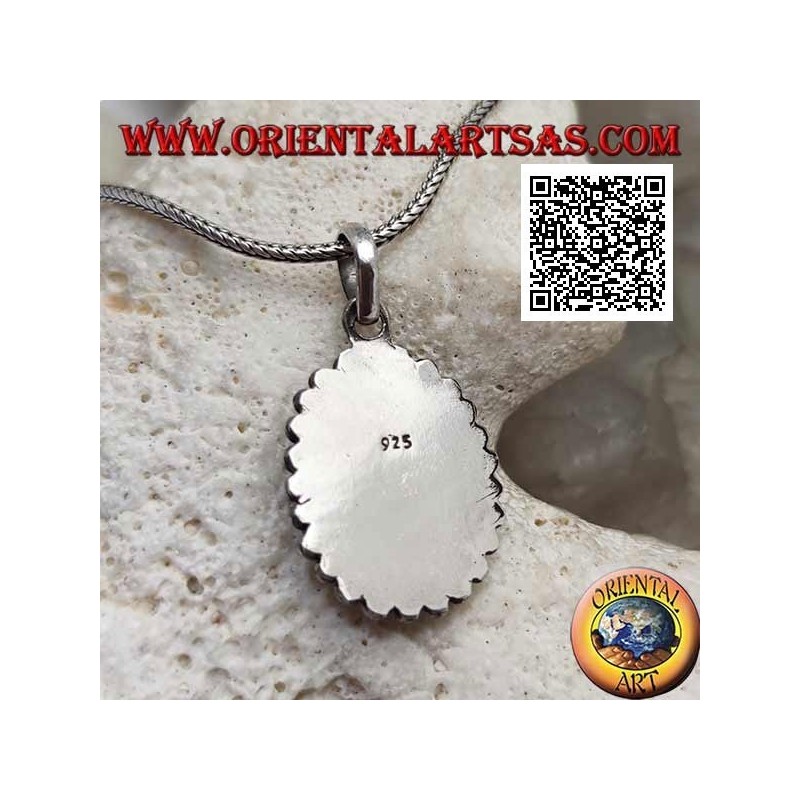 Silver pendant with oval lapis lazuli surrounded by balls and discs