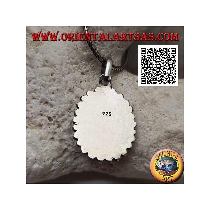 Silver pendant with oval lapis lazuli surrounded by balls and discs
