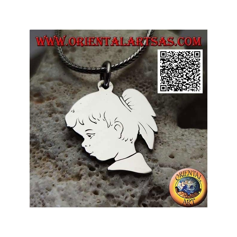 Silver pendant in the shape of a girl's profile with a tail engraved on both sides
