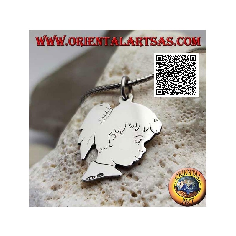 Silver pendant in the shape of a girl's profile with a tail engraved on both sides