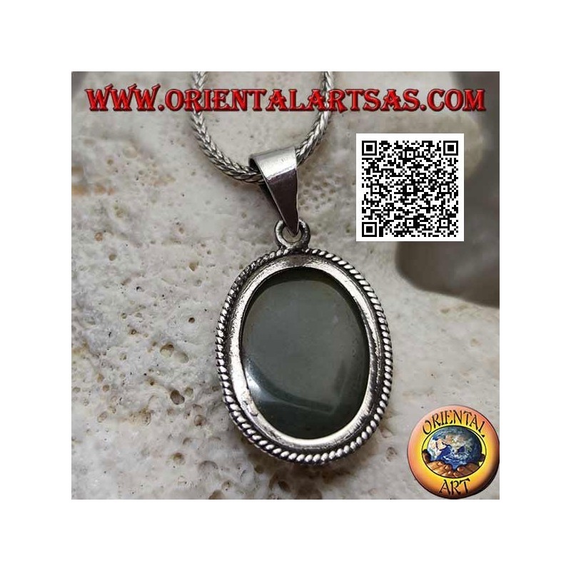 Silver pendant with oval aventurine surrounded by interweaving
