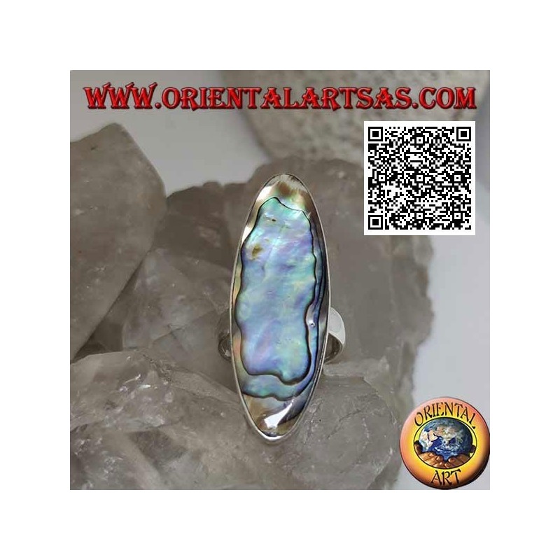 Bague en argent avec une coquille de paua ovale allongée (ormeau) sertie d'un bord lisse (16)