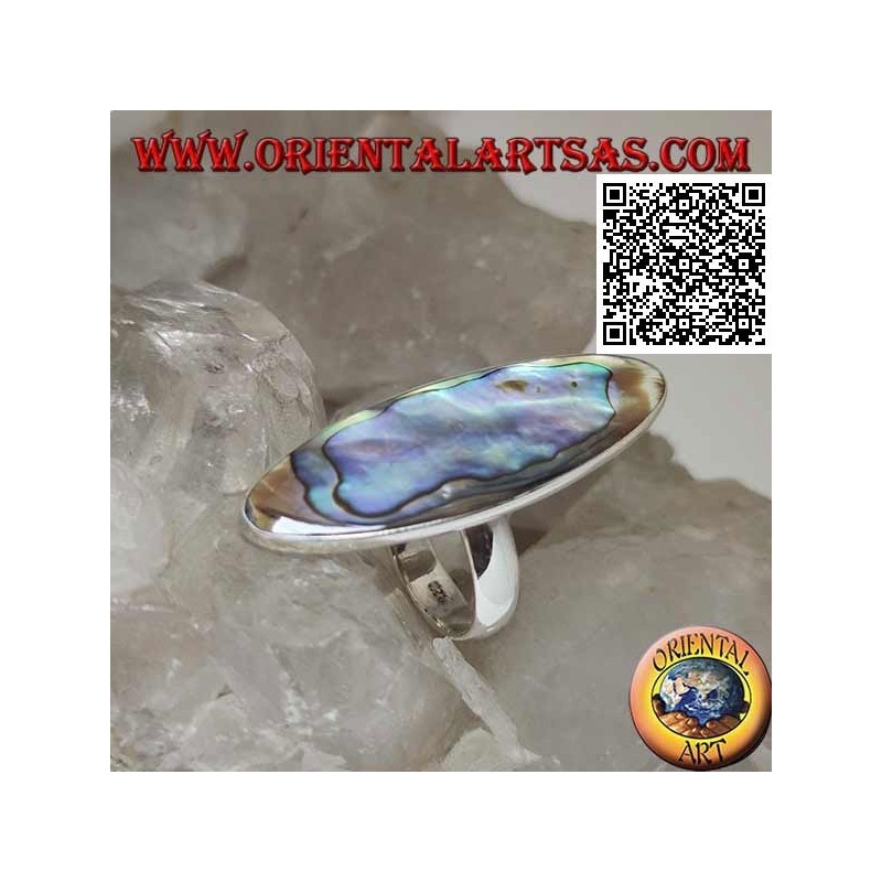 Anello in argento con paua shell (abalone) ovale allungata incastonata a filo bordo liscio (16)