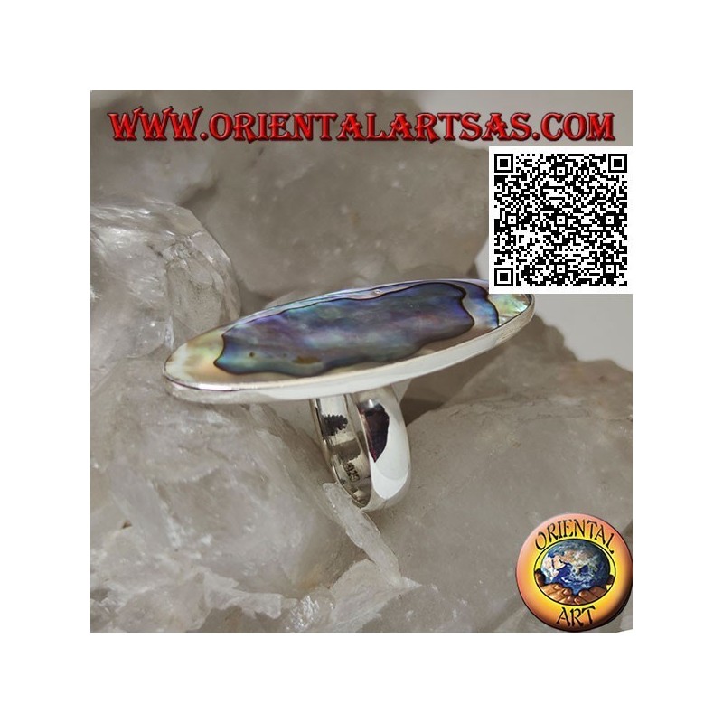 Anello in argento con paua shell (abalone) ovale allungata incastonata a filo bordo liscio (16)
