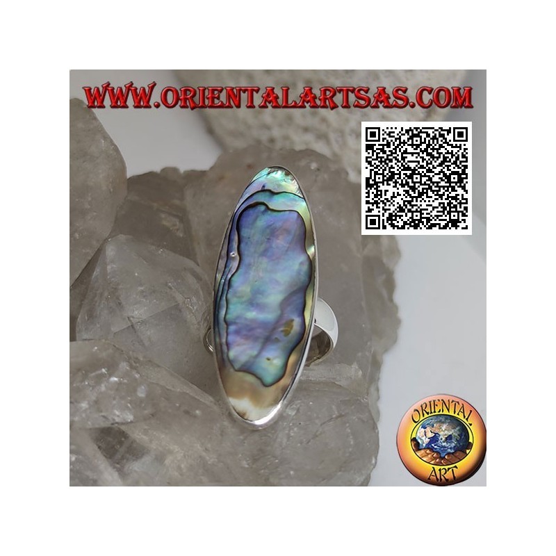 Anello in argento con paua shell (abalone) ovale allungata incastonata a filo bordo liscio (16)