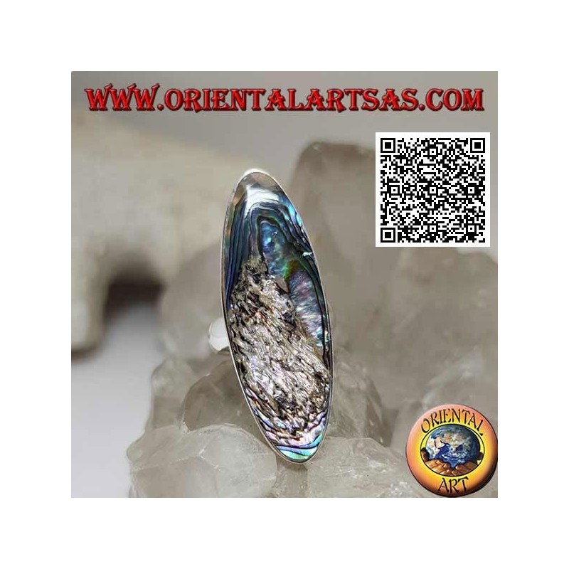 Anello in argento con paua shell (abalone) ovale allungata incastonata a filo bordo liscio (13)