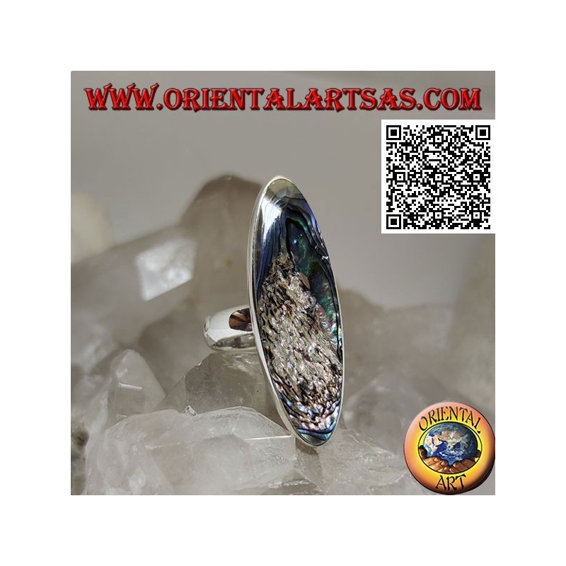 Anello in argento con paua shell (abalone) ovale allungata incastonata a filo bordo liscio (13)