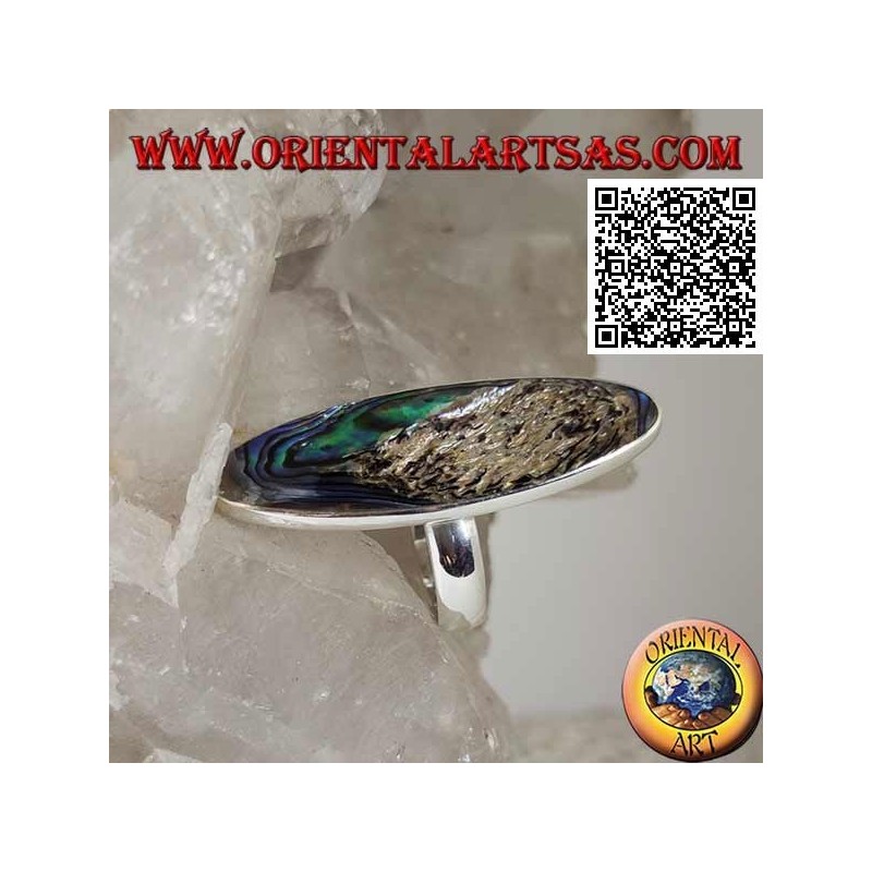 Silver ring with an elongated oval paua shell (abalone) set with a smooth edge (13)