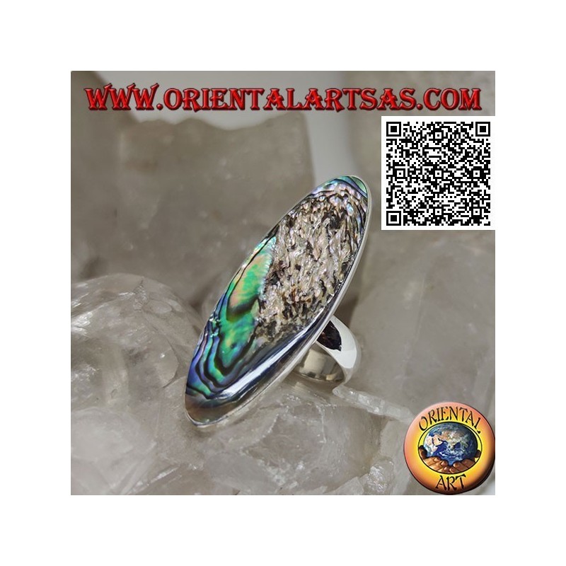 Bague en argent avec une coquille de paua ovale allongée (ormeau) sertie d'un bord lisse (13)