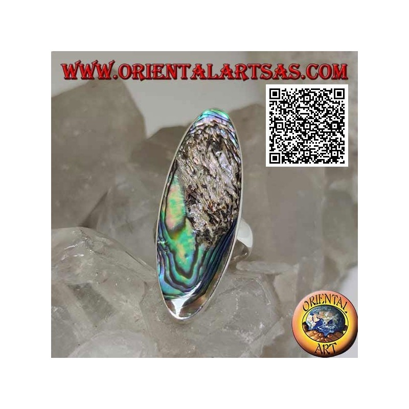 Anillo de plata con una concha de paua ovalada alargada (abulón) engastada con un borde liso (13)