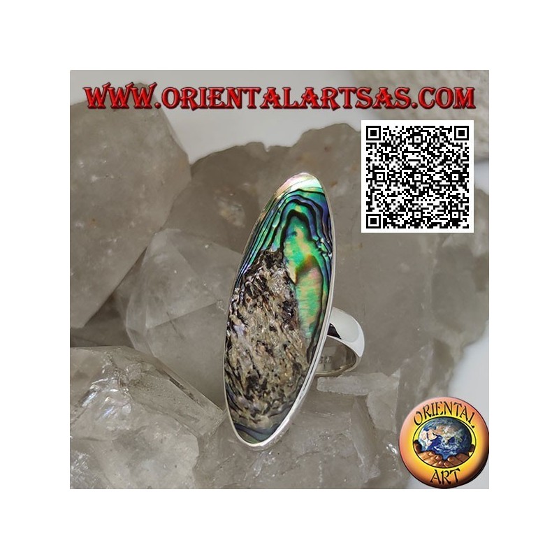 Bague en argent avec une coquille de paua ovale allongée (ormeau) sertie d'un bord lisse (13)