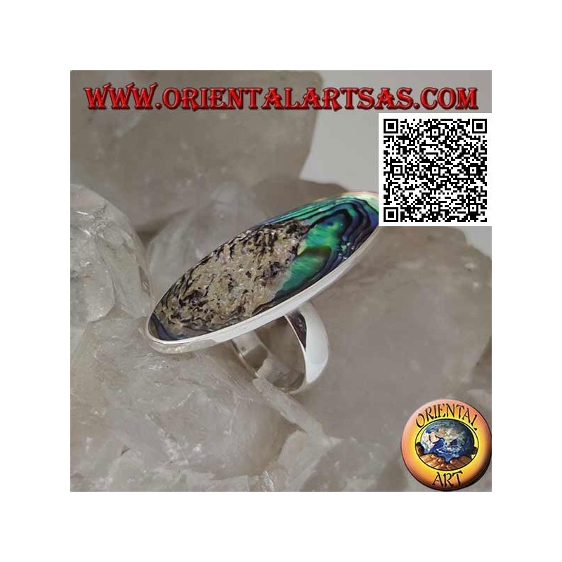 Silver ring with an elongated oval paua shell (abalone) set with a smooth edge (13)