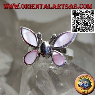 Silver ring in the shape of a butterfly with pink mother-of-pearl wings