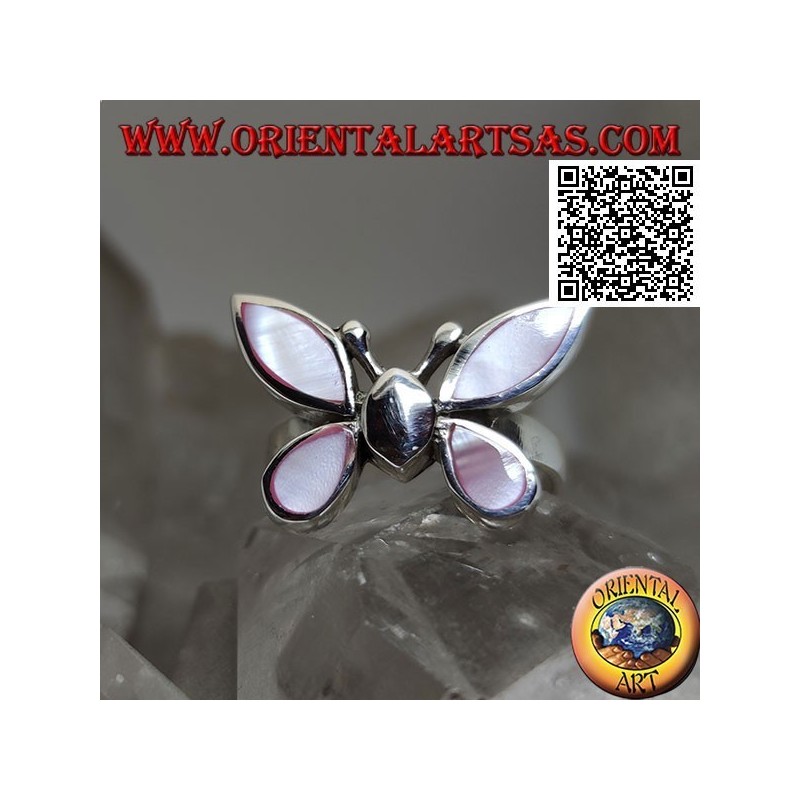 Anillo de plata en forma de mariposa con alas de nácar rosa