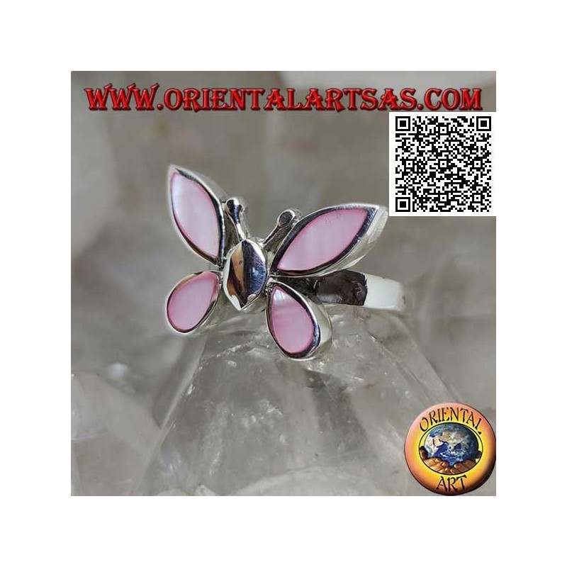 Anello in argento a forma di farfalla con ali di madreperla rosa
