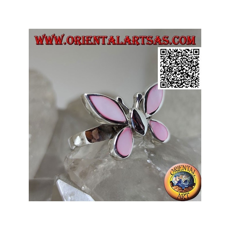 Silver ring in the shape of a butterfly with pink mother-of-pearl wings
