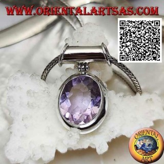 Silver pendant with a splendid oval faceted natural amethyst on a smooth setting and movable tubular hook