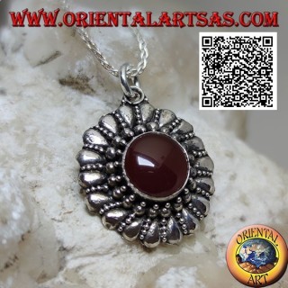 Silver pendant with round carnelian surrounded by balls and alternating smooth drops