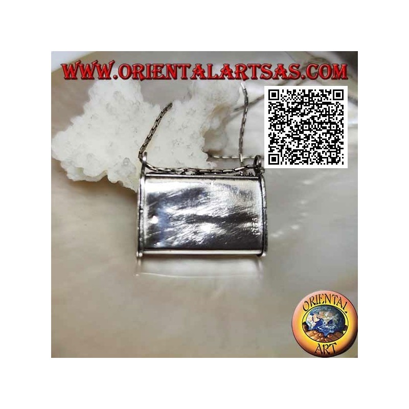 Silver box pendant in the shape of a handbag with embossed decorations and central Tibetan coral