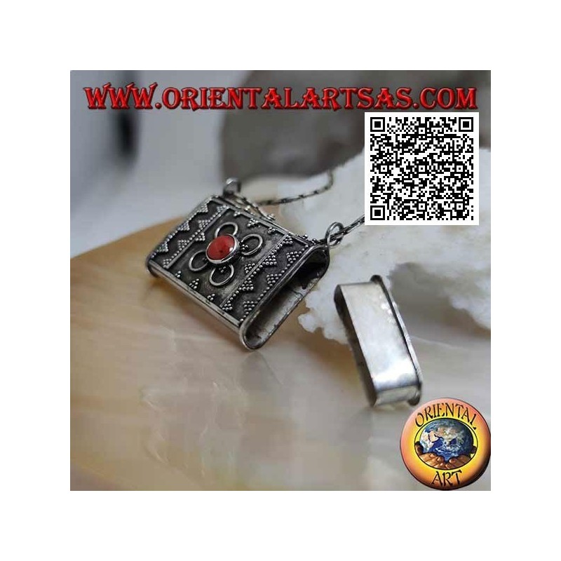 Silver box pendant in the shape of a handbag with embossed decorations and central Tibetan coral